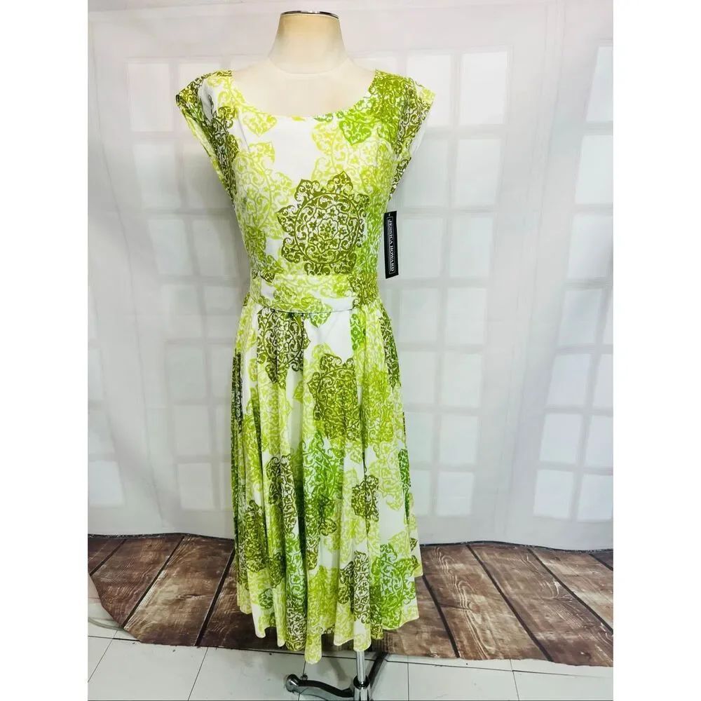 Jessica Howard NWT Green White Paisley Belted Fit & Flare Midi Dress Size 10